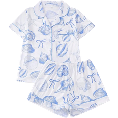 Shein 2pcs/Set Women's Ocean Shell Print Pajamas Set, Short Sleeve Shirt With Collar & Button, And Elastic Waist Shorts, Suitable For Holiday Party, Casual Everyday Indoor & Outdoor Wear