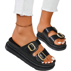 Shein Women's PU sandals with buckle decoration on platform sole in black, leopard print, color block, thick sole fashion shoes, beachwear