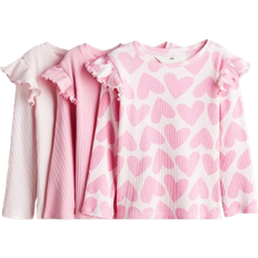 H&M Frill-Trimmed Jersey Tops 3-pack - Pink/Hearts (1246511001)