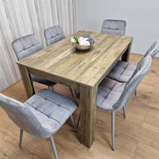 Brown Dining Sets Kosy Koala Rustic Effect Wood Table 6 Grey Velvet Chairs Dining Set