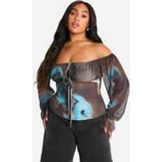 Corsés boohoo Plus Large Floral Mesh Sleeve Bardot Corset Top - Brown