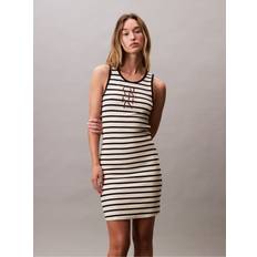 Calvin Klein Stripes Clothing Calvin Klein Cotton Blend Stripe Logo Sleeveless Dress - Cream/Multi