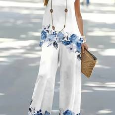 Dam - Vita Kostymer Temu Floral Print Sleeveless Top Straight Leg Pants Set - White