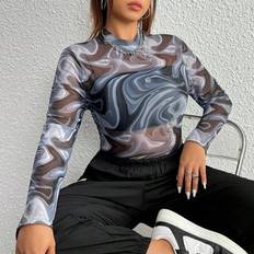 4XL Bodysuits Shein Plus Marble Print Mock Neck Mesh Bodysuit - Without Bra