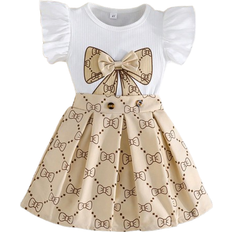 Shein Girls Summer Outfit Ruffle Sleeve Bow Blouse With Pleated Skirt - Minimalist