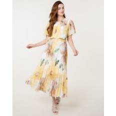 Long Dresses - Yellow Blue Vanilla Floral Scoop Neck Flutter Sleeve Pleat Dress - Yellow