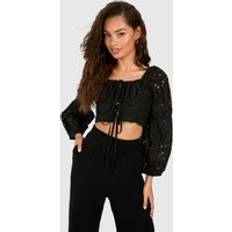 boohoo Embroidery Long Sleeve Crop Top - Black