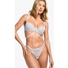 Lingerie Sets boohoo Womens Strapping Lace Balcony Bra Thong Set - Blue