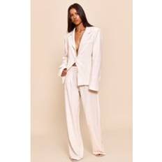 PrettyLittleThing Petite Neutral Linen Pleat Trousers - Camel