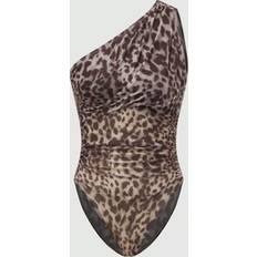Leopard - Women Shapewear & Under Garments Shein Leopard Print Oblique Shoulder Bodysuit