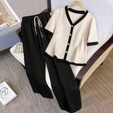 Shein Plus Size Women Woven Colorblock Splice V-Neck Short Sleeve Cardigan Set - Elegant Classy Style
