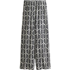 H&M Wide Linen Blend Trousers - White/Black Patterned