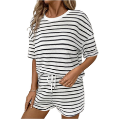 Shein Women's Striped Crew Neck Drop Shoulder Top And Tie-Waist Shorts Set - 2 Pieces