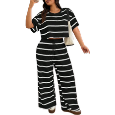 Shein EZwear Plus Size Summer Striped T-Shirt And Pants 2 Pieces Set 2 Piece Sets Woman