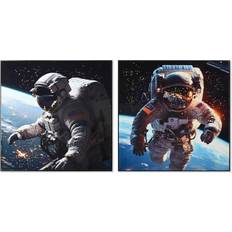 Framed Art Home ESPRIT Blue Black Modern Astronaut Lacquered Painting 100 x 4 x 100 cm Set of 2 Framed Art