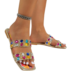 Transparent Shoes Shein Rhinestone Embellished Women Flat Sandals, Comfortable Casual Outdoor Slip-On Beach Party Sandals