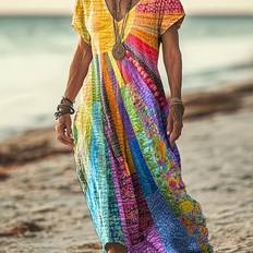 Temu Plus Size Casual Dress Vibrant Rainbow Print Short Sleeve - Floral Pattern