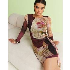 River Island Asymetric Mesh Tie Side Mini Dress - Burgundy