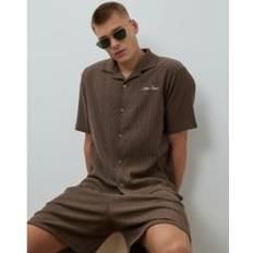 Brown - Men Shirts River Island Regular Fit Plisse Revere Shirt - Brown