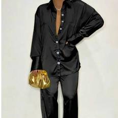 Shein Long-Sleeved Satin Lapel Shoulder Sleeved Shirt Set