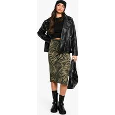 Green Skirts boohoo Zebra Print Rib Side Split Midi Skirt - Green