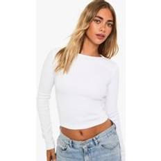 Tops boohoo Basics Rib Long Sleeve Crew Neck Crop Top - White