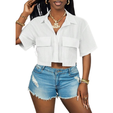 Shein Slaydiva 2025 New Ladies Casual Stree Pocket Short Sleeve Shirt Collar Loose Crop White Drop Shoulder Shirt Women Blouses,Spring/Summer,Casual Daily Wear,Music Festival
