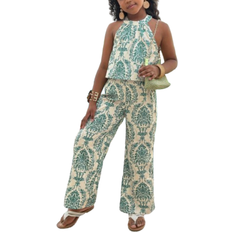 Shein 2pcs Tween Girl Vacation Basic Halter Blouse + Wide-Leg 3/4 Pants Floral Woven Set