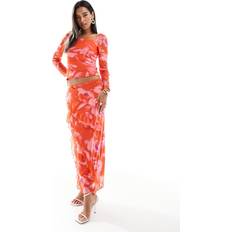 Blommiga Kjolar Vero Moda Rosablommig Midikjol Mesh Del Set - Röd