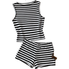 Shein Teen Girls Summer Striped Round Neck Camisole And Shorts Casual Set - Colorblock