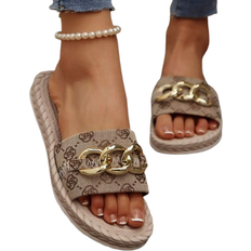 Shein Women's Summer Sandals And Slippers: Rope Sole Slippers, Metal Buckle Decor Slippers, Vacation Style Sandals, Comfortable And Easy Slip-On Sandals, Thick-Sole Beach Sandals, Printed House Slippers