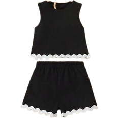 Shein Young Girls Solid Color Waffle Sleeveless Wavy Hem Top - Casual Simple Shorts