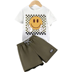Boys - Green Other Sets Shein Tween Boy Cartoon Smiling Face Print Short Sleeve T-Shirt And Shorts Set