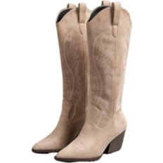Shein Tropiscape Suede Pointed Toe Embroidered Chunky Heel High Shaft Cowgirl Boots For Women, Fall/Winter Vacay Vibes Vacation Relax Beach