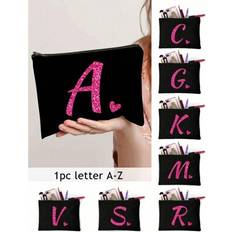Leather - Women Toiletry Bags & Cosmetic Bags Shein Initials Printed Patchwork Makeup Bag - Black