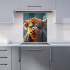 Blue Splash Guards Warren Reed Highland Cow With Glasses Kitchen Splashback 600mm x 750mm Splash Guard