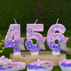 Cake Candles Shein Purple Glitter Mermaid Tail Number Birthday Candles 7.5cm