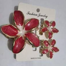 Shein 3Pcs Zinc Alloy Enamel Lily Flower Hair Clip, Cute Girl Hair Accessory For Summer Beach Vacation, Internet Famous Egg Flower Temperament Hair Clip, Women's Back Of The Head Half Tie Hair Set, Hair Claw Headband, Fairy Hair Clip Red