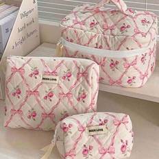 Pink Cosmetic Bags Shein Bow Knot Rose Design Quilting Cosmetic Bag - Multi-Functional