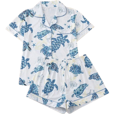 Women Jumpsuits & Overalls Shein 2pcs/Set Cute Ocean Theme Sea Turtle Printed Women Pajamas Set, Short Sleeve Collared Top & Relaxed Elastic Waist Shorts, Casual Sleepwear Loungewear, All Seasons, Two Pieces Set