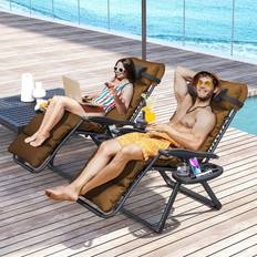Zero gravity sun lounger OutSunny Brown Zero Gravity Reclining Folding Sun Lounger Set of 2 112 x 65 x 90 cm