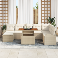 Konstrotting - Rund Matgrupper Utemöbler vidaXL 9-Delars Trädgårdsmatsalset Med Kuddar Beige Poly Rattan Akacia Matgrupp, 1 Bord inkl. 8 Stolar