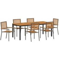 Garden & Outdoor Furniture vidaXL 7 Piece Garden Grey Poly Rattan Acacia Patio Dining Set, 1 Table incl. 6 Chairs