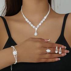 Temu High-end Sparkling Water Drop Necklace Bracelet Set - Wedding