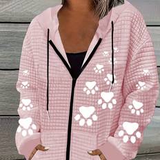 Temu Cute Cat Paw Print Ladies Casual Waffle Zipper Hooded Jacket - Multicolore