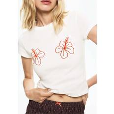 Blommiga T-shirts Pull&Bear Vit T-shirt Med Hibiskustryck - Vit