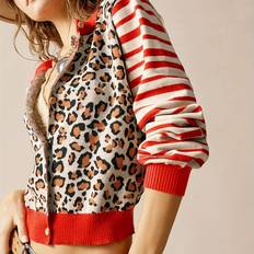 Leopard - Women Cardigans Temu Elegant Leopard Red Striped Long Sleeve Cardigan - Open Front