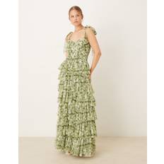 Clothing Lace & Beads Bow Shoulder Ruffle Maxi Dress Green