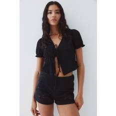 H&M Ladies Crinkled Tie-Front Top - Black