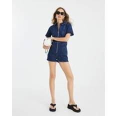 River Island Denim Short Sleeve Seamed Zip Playsuit - Blue